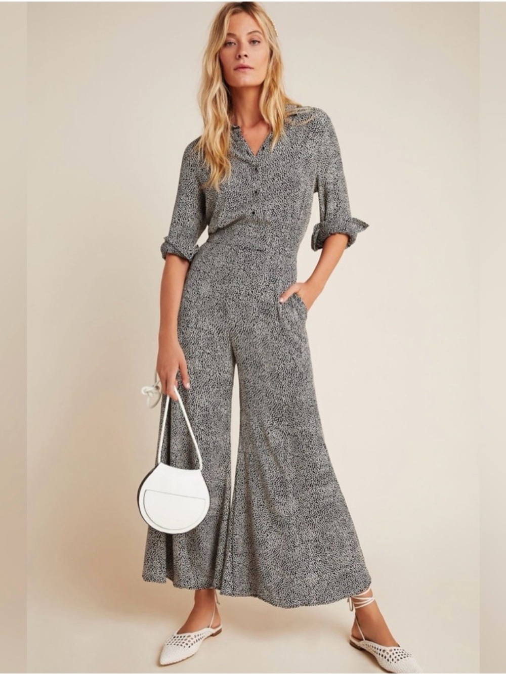 Anthropologie Loveland Wide-Leg Jumpsuit Speckled Gray 8 Petite